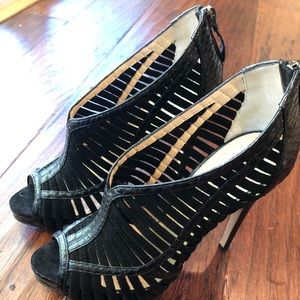 Alexandre Birman snakeskin and suede caged heels